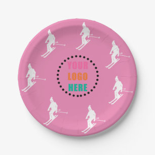 Assiettes En Carton Logo Personnalisable Ski Ski Pink Blanc