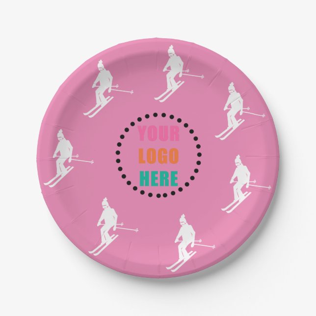 Assiettes En Carton Logo Personnalisable Ski Ski Pink Blanc (Devant)