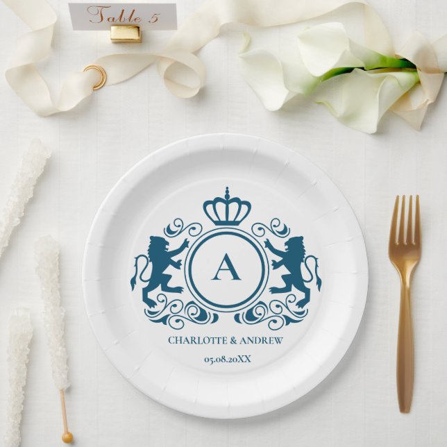 Assiettes En Carton Logo personnalisé Monogramme Armoiries Lions (Mariage)