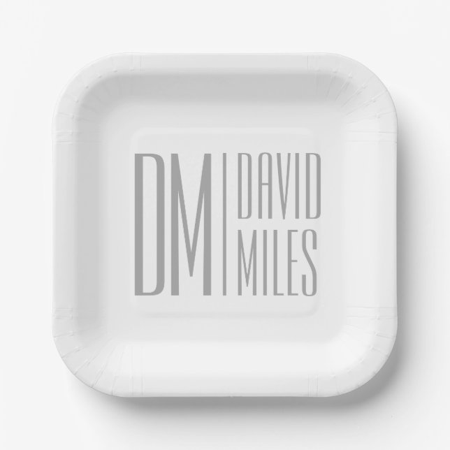 Assiettes En Carton Logo Stylish Minimal & Modern Grey Initiales & Nom (Recto)