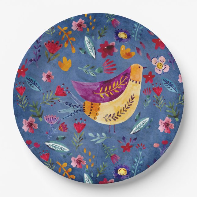 Assiettes En Carton L'Oiseau précoce dans le jardin fleuri (Devant)