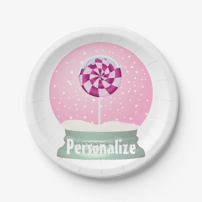 Assiettes En Carton Lollipop enneigée globe mignon fille rose hiver (Devant)