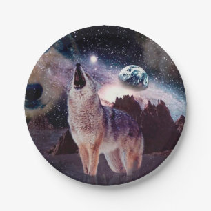 Assiettes En Carton Loup hurlant dans l'univers