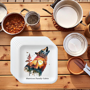 Assiettes En Carton Loup hurlant double exposition coucher de soleil p
