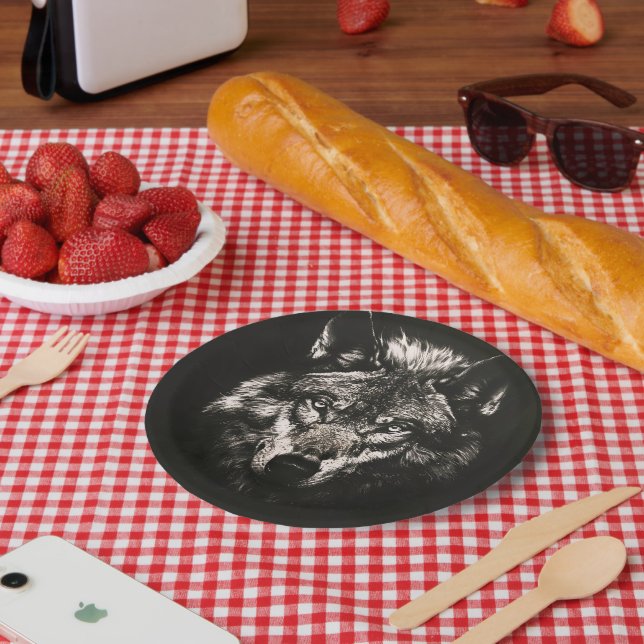 Assiettes En Carton Loup sauvage monochrome majestueux (Pique-nique)