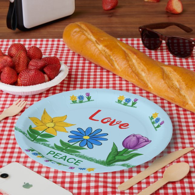 Assiettes En Carton Love Peace Garden Fleurs Blanc (Pique-nique)