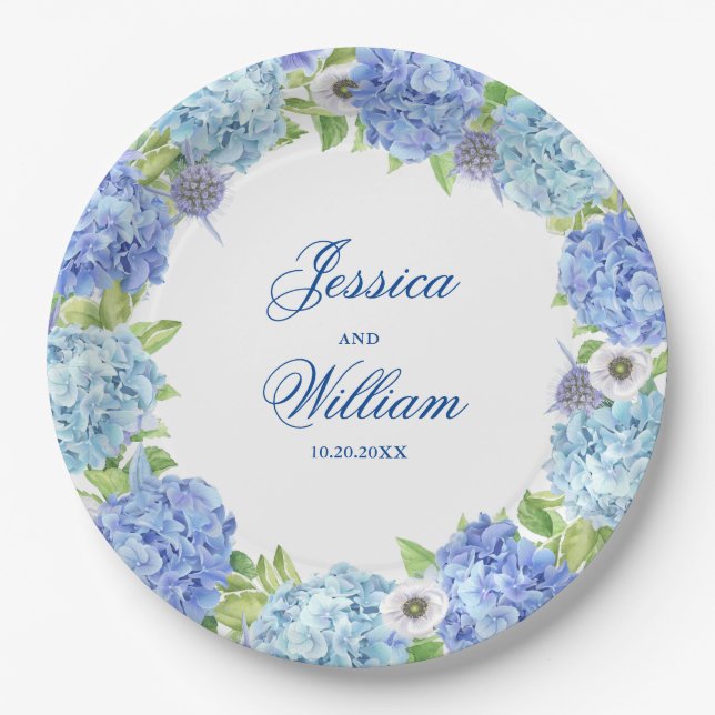 Assiettes En Carton Lumière Blue Hydrangeas Fête de Mariage Floral (Devant)