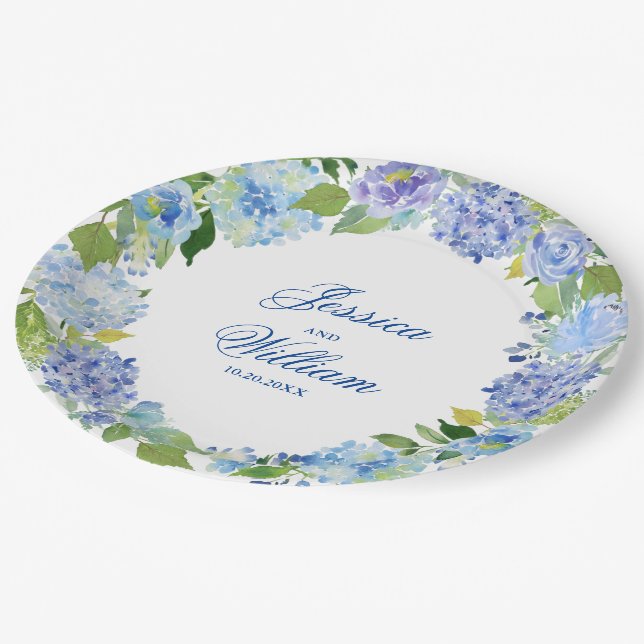 Assiettes En Carton Lumière Blue Hydrangeas Fête de Mariage Floral (Angle)