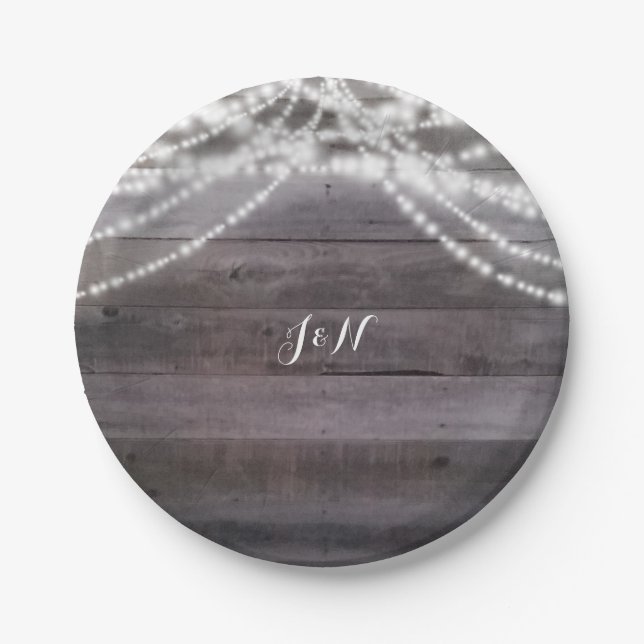 Assiettes En Carton Lumières à cordes blanches & Bois rustique (Devant)