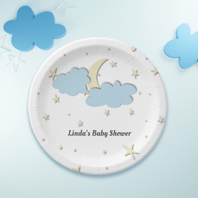 Assiettes En Carton Lune blanche moderne et étoiles Baby shower élégan (Créateur téléchargé)
