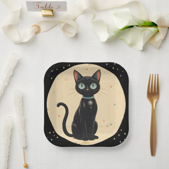 Assiettes En Carton Lune de chat noir atomique futuriste (Mariage)