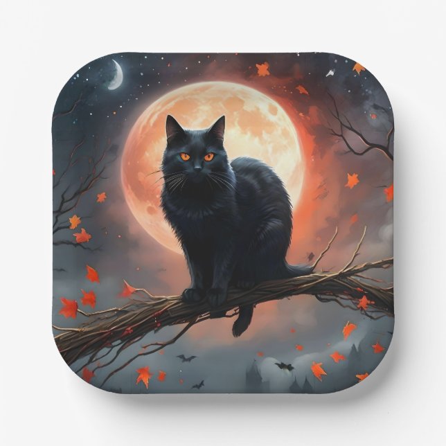 Assiettes En Carton Lune de chat noir d'Halloween effrayant, (Recto)
