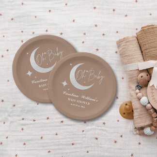 Assiettes En Carton Lune et étoiles pailletées d'argent oh baby shower