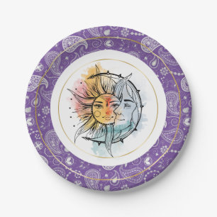 Assiettes En Carton Lune et soleil. illustration de style Vintage.Viol