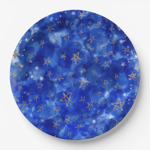 Assiettes En Carton Lune Étoiles Bronze Or Bleu Fantaisiste Baby Showe