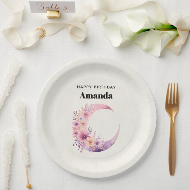Assiettes En Carton Lune rose Croissant avec de jolies fleurs (Mariage)