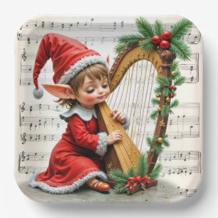 Assiettes En Carton Lutin de Noël jouant de la harpe