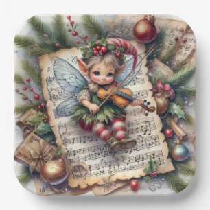 Assiettes En Carton Lutin de Noël jouant du violon