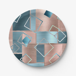 Assiettes En Carton Luxe Abstrait   Blush Rose Gold et Turquoise Géomé
