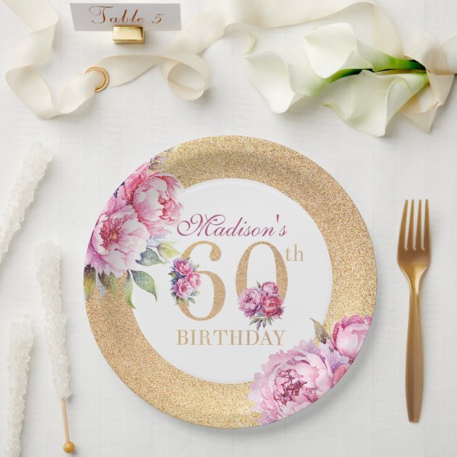 Assiettes En Carton Luxe Custom 60e anniversaire Peonies Parties scint (Mariage)
