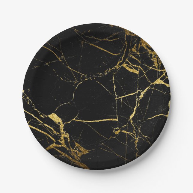 Assiettes En Carton Luxe Marbre noir et or Texture (Devant)