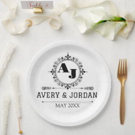Assiettes En Carton Luxury Elegant Monogram with Initials white