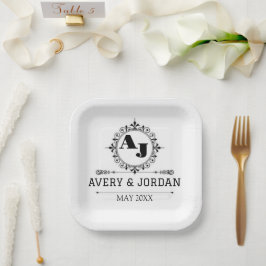Assiettes En Carton Luxury Elegant Monogram with Initials white