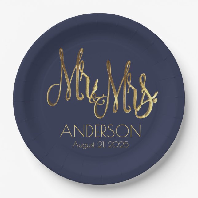 Assiettes En Carton M. et Mme Blue and Gold Elegant Ajouter Nom Date (Devant)