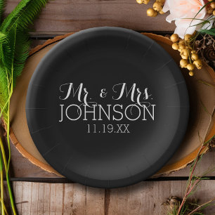 Assiettes En Carton M. et Mme Wedding Favors de noir de couleur solide