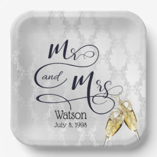 Assiettes En Carton M. & Mme Anniversaire Toast Champagne