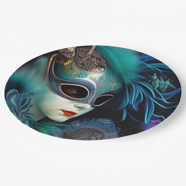 Assiettes En Carton Madame Masquerade Turquoise (Angle)