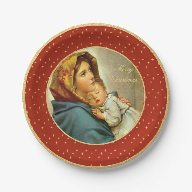 Assiettes En Carton Madonna & Enfant traditionnel Noël religieux (Devant)