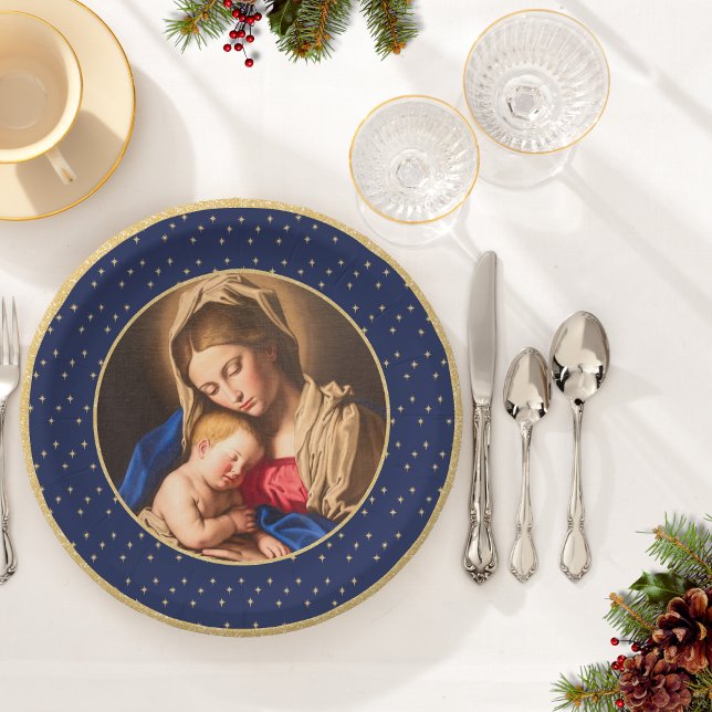 Assiettes En Carton Madonna & Enfant traditionnel Noël religieux (Religious Christmas plate mockup with Madonna and Child in blue and gold for Catholics & Christians.)