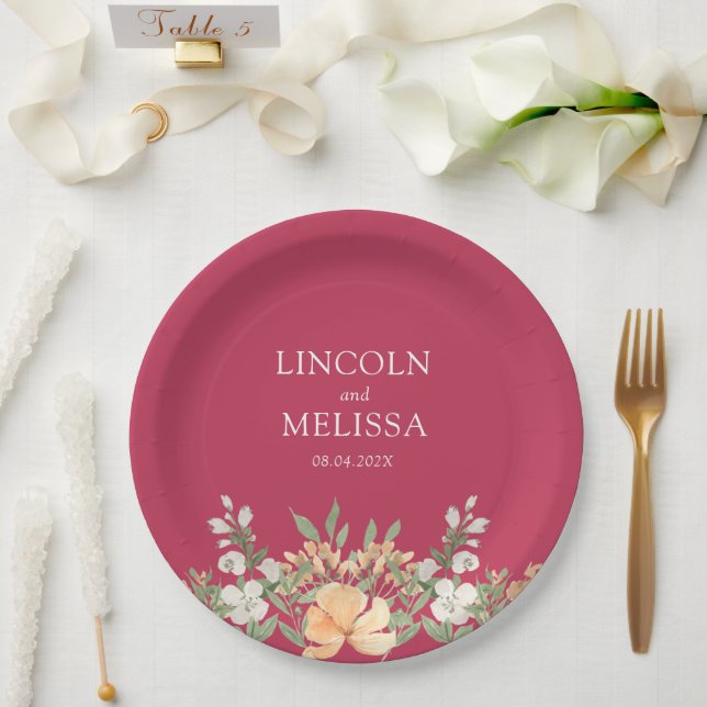 Assiettes En Carton Magenta, Pêche et Mariage floral blanc (Mariage)