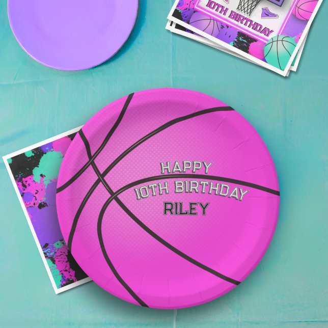 Assiettes En Carton Magenta Pink Basketball Joyeux Anniversaire Nom (Créateur téléchargé)
