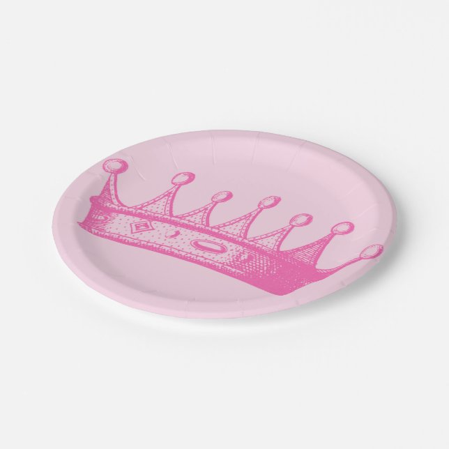 Assiettes En Carton Magenta Princess Crown sur Arrière - plan rose (Angle)