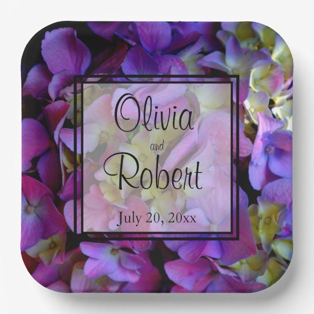 Assiettes En Carton Magenta Purple bleu jaune Hydrangeas fleurs (Recto)