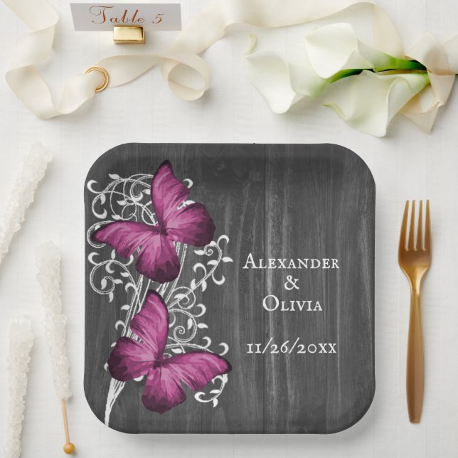 Assiettes En Carton Magenta Rustic Butterfly Mariage (Mariage)