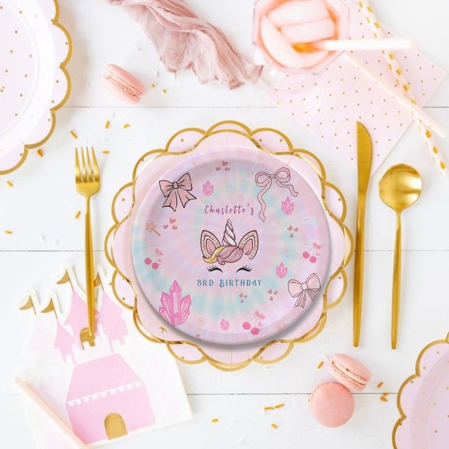 Assiettes En Carton Magical Tie Dye Unicorn Coquette Bow Birthday  (Créateur téléchargé)
