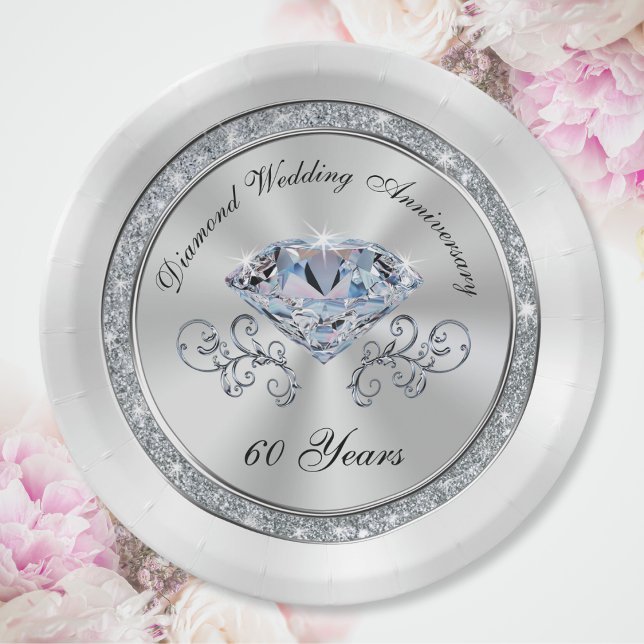 Assiettes En Carton Magnifiques Plaques du 60e anniversaire du Mariage (60th wedding anniversary party ideas. Silver, Diamond wedding anniversary table decorations. Elegant)
