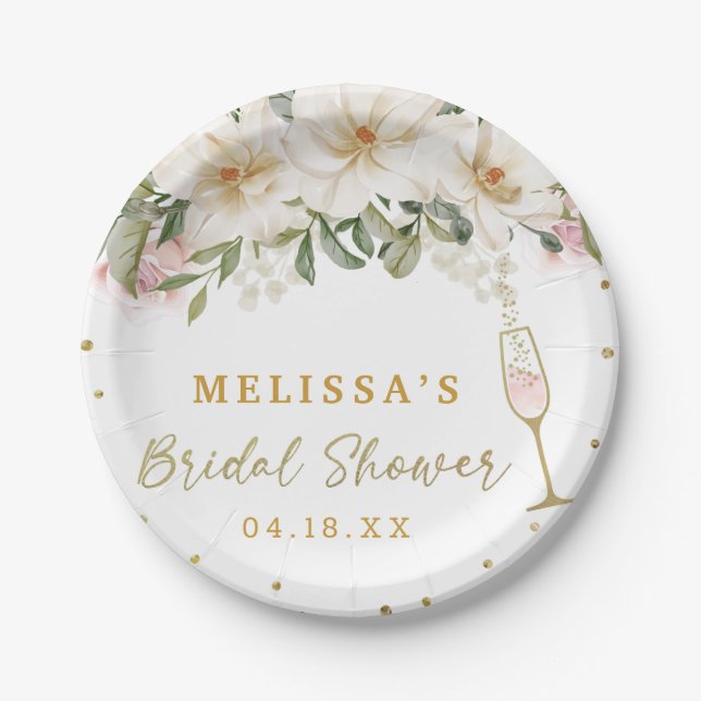 Assiettes En Carton Magnolia Aquarelle Champagne Verre Fête des mariée (Devant)