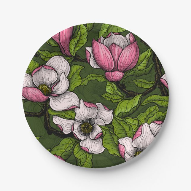 Assiettes En Carton Magnolia en floraison sur vert foncé (Devant)