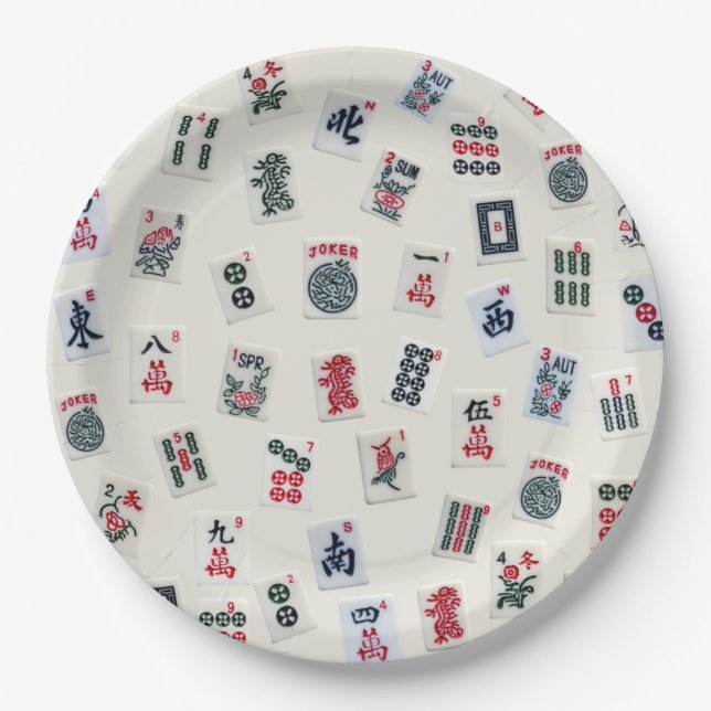 Assiettes En Carton MahJong tuiles sur badge pastel arrière - plan  (Devant)