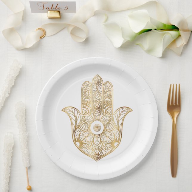 Assiettes En Carton Main de tournesol or Hamsa (Mariage)