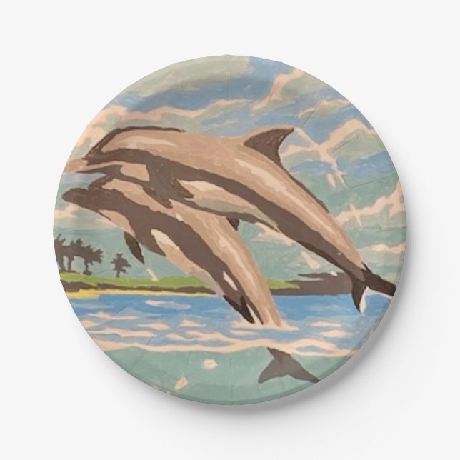 Assiettes En Carton Main Painted by Number | Dolphins | (Devant)