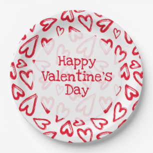 Assiettes En Carton Main tiré Red Hearts Saint Valentin