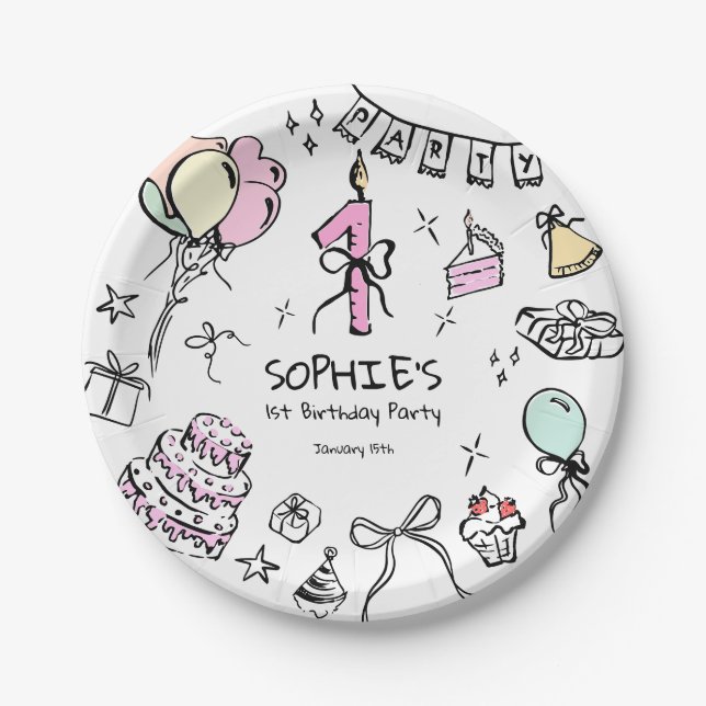 Assiettes En Carton Main tirée 1er anniversaire (Devant)