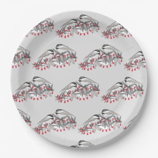 Assiettes En Carton Maine Chickadee Bird hiver Noël Vacances Neige (Devant)