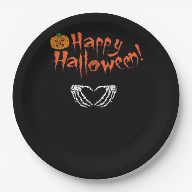 Assiettes En Carton Mains éffrayantes de squelette. Joyeux Halloween. (Devant)