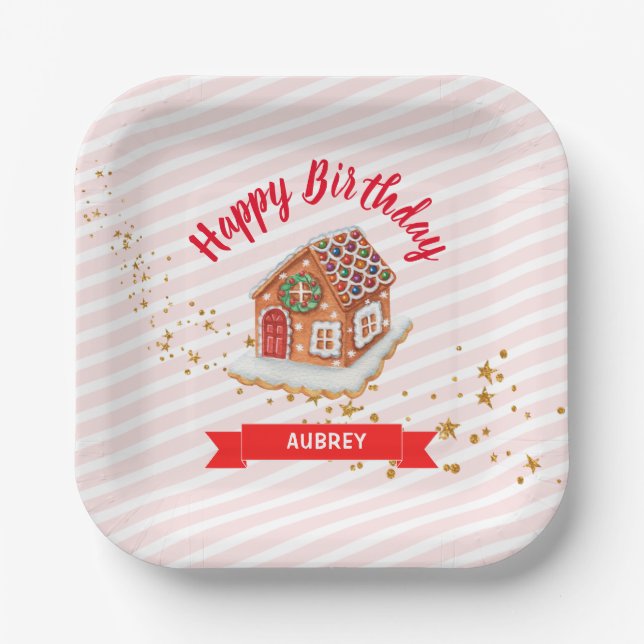 Assiettes En Carton Maison en pain d'épices rose Noël Anniversaire (Recto)